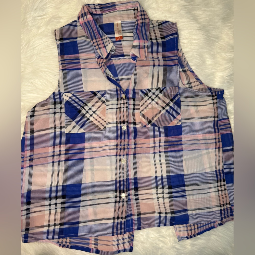 No Boundaries Blue and Pink Plaid Sleeveless Top